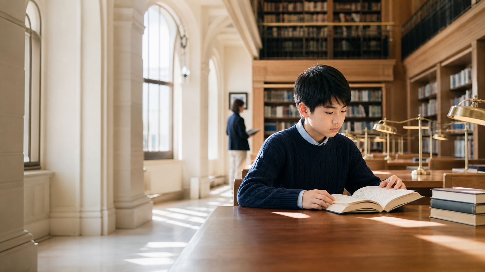 图书馆中专注阅读的少年,优米教育 YOMI品牌主视觉